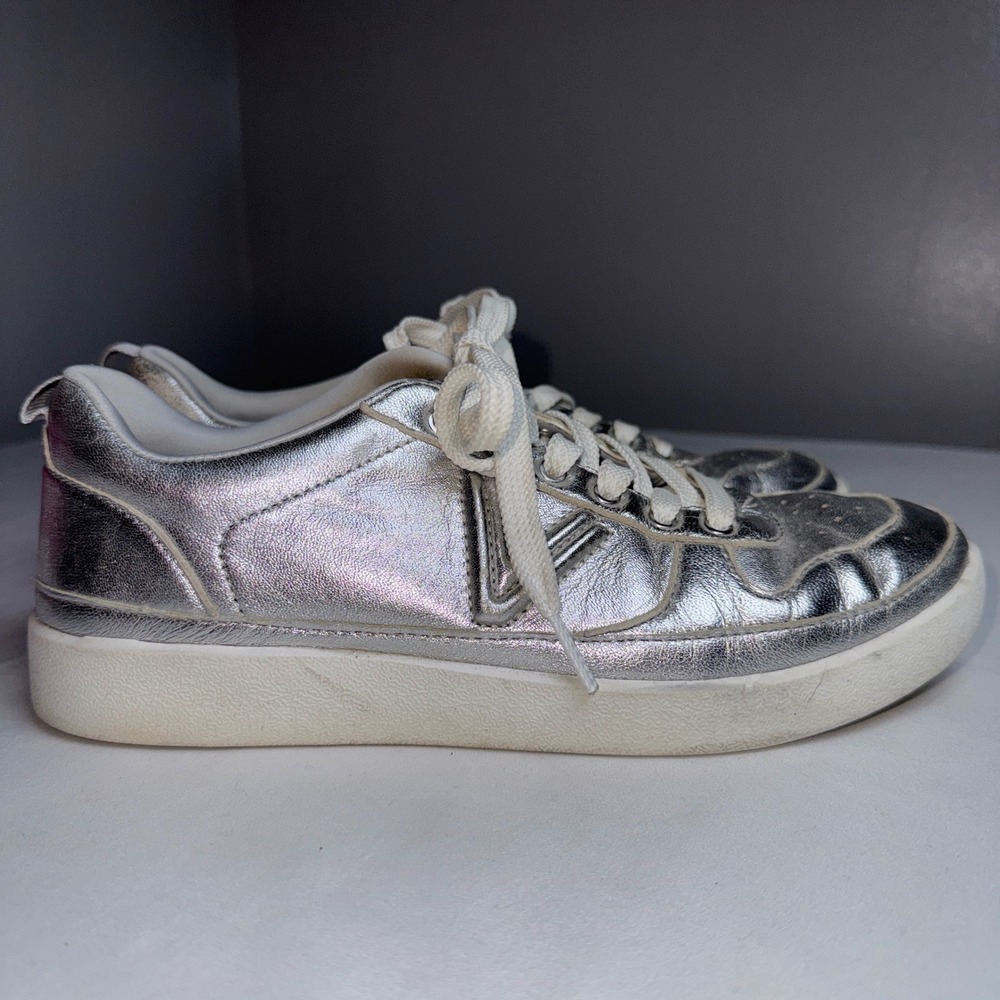 Vionic Elise Silver Metallic Leather Low Top Sneakers Womens 7.5 Lace Up Shoes
